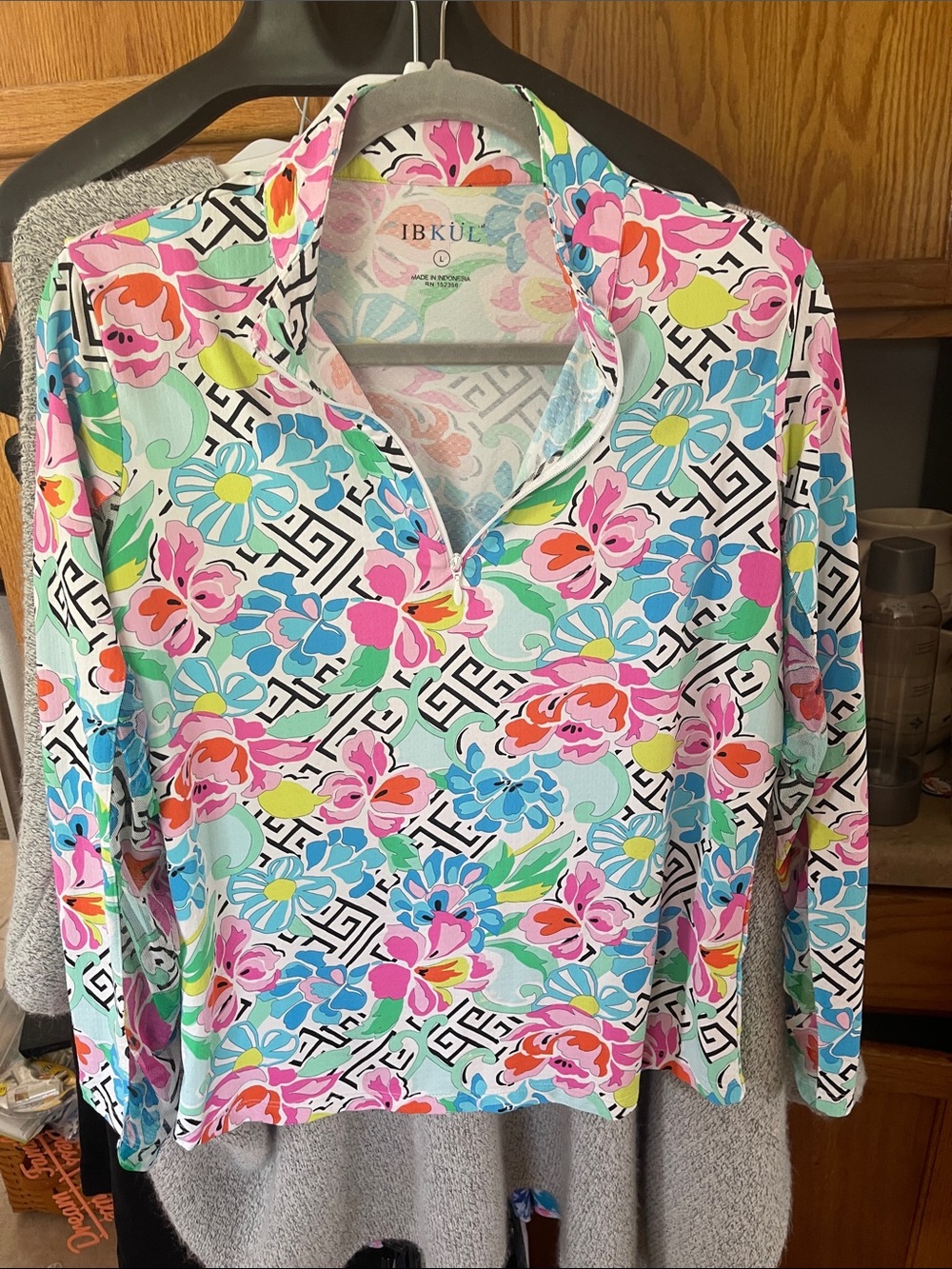 IBKUL Women's Navy Pink Floral Long-Sleeve Polo Top Large UV Protector